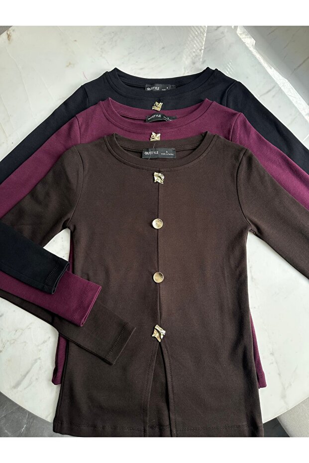 4 Düğmeli Basic Bluz - Mürdüm - 3