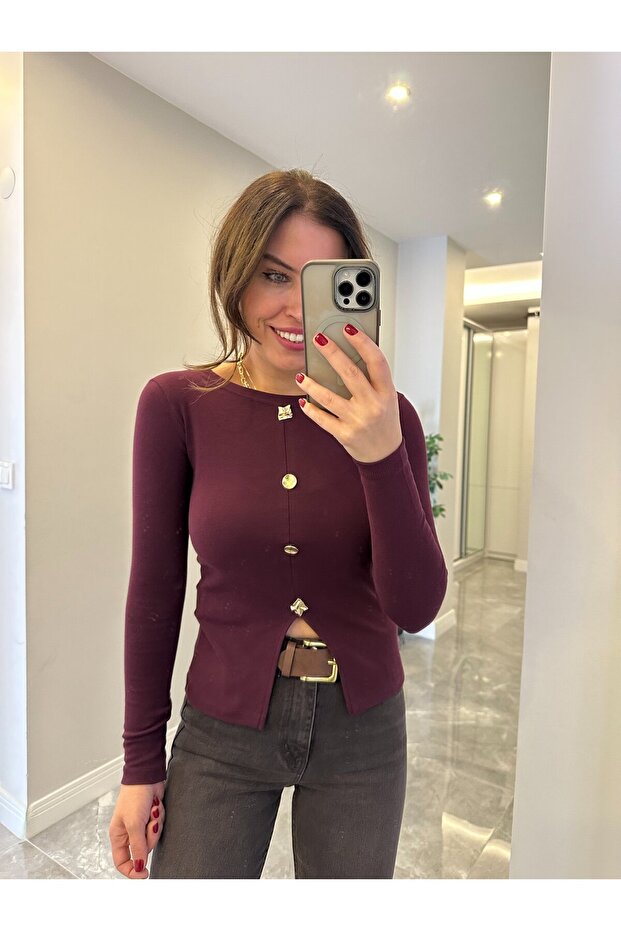 4 Düğmeli Basic Bluz - Mürdüm - 1