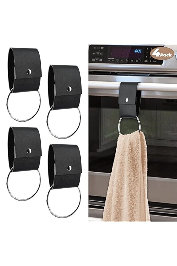 4 PCS Leather Metal Towel Ring Holder, for Kitchen Dish Towel Holder with Loop, Wall Mount Towels Hooks for Farmhouse Home Decor, Black, Multi-purpose