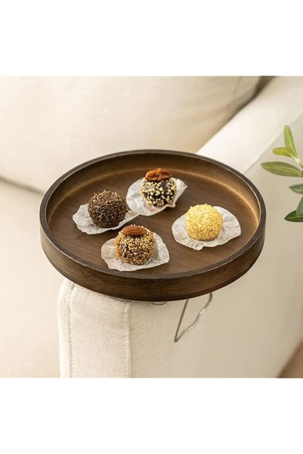 Sofa Cup Holder,Side Tables Natural Bamboo Sofa Armrest Clip-On Tray, Ideal for Remote,Drinks,Phone,Fruit (Round)