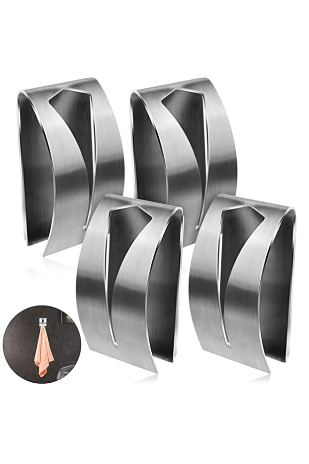 BIGTHREE Wall Mount Non-Drilling Towel Rack, Self-Adhesive Towels Hook Holder, Stainless Steel Bathroom Towels Hook, 4pcs Hand Tea Holders for Bathroom Accessories, Kitchen Gadgets (Silver)