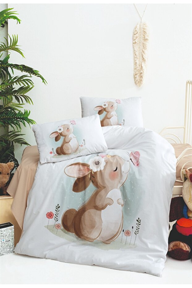 Floral Rabbit Patterned 100% Cotton 3-Piece Duvet Cover Set (Duvet Cover, Sheet, Pillowcase)