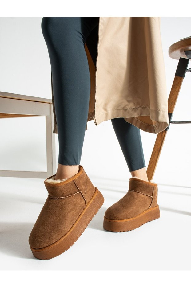 Women's Tan Suede Fur Lined Wool Thick Soled High Heeled Sole Winter Ankle Mini Ugi Boots