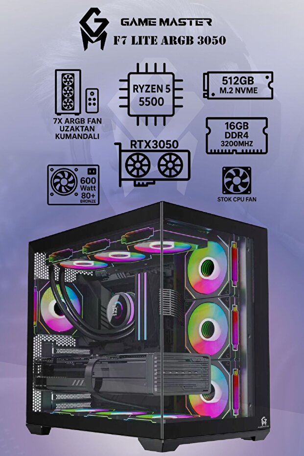 F7 Lite ARGB RTX3050 Ryzen 5 5500 CPU 16GB DDR4 RAM 512GB M2 SSD RTX3050 6GB 7x ARGB Fanlı Gaming PC - 2