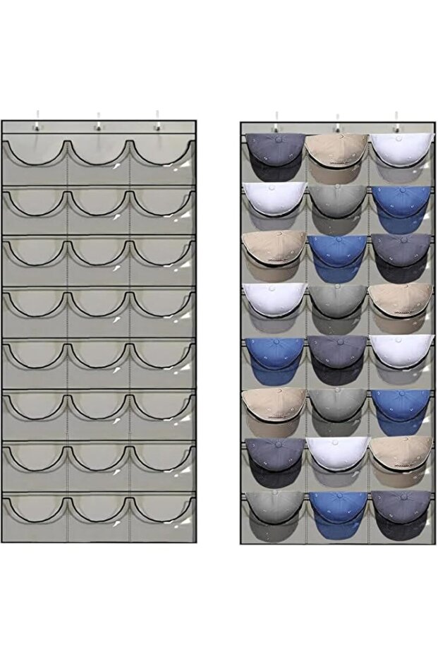 Baseball Hat Rack, 24 Pocket Over The Door Cap Organizer with Clear Deep Pockets to Display Baseball Caps Collection, Complete with 3 Over Door Hooks (Light Gray)