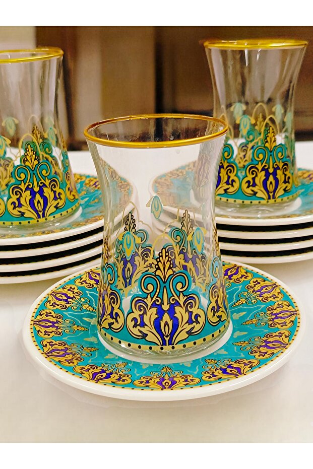 6-Person Tea Set with Gold Pearl Turquoise Patterned Porcelain Plates and Glass Cups.