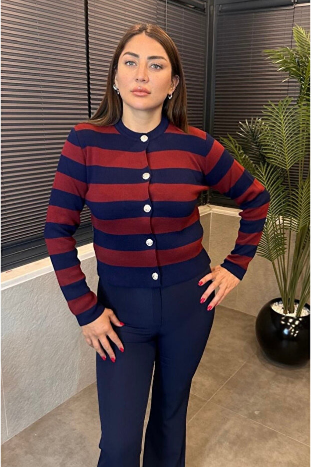 Burgundy&Navy Blue Stripe Detailed Cardigan