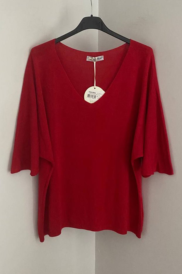 Women's Italian Red V-Neck Plain Pattern Three Quarter Sleeve Loose Knitwear Blouse