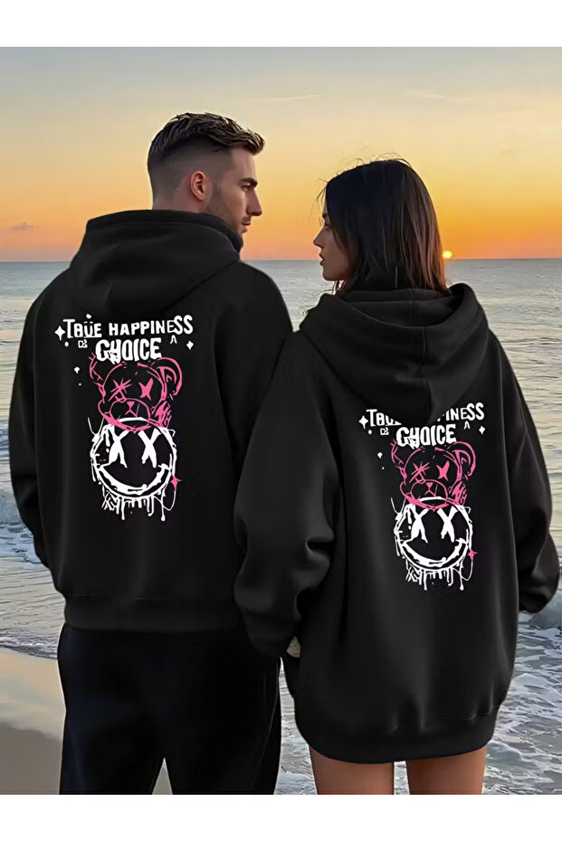 Lover Couple Combination 2-Piece True Happiness Printed Unisex Sweatshirt - Colorful Street Style Black