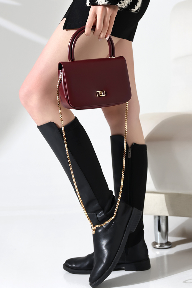Burgundy Women's Small Box Model Gold Chain Strap Stylish Hand and Shoulder Bag with Handle