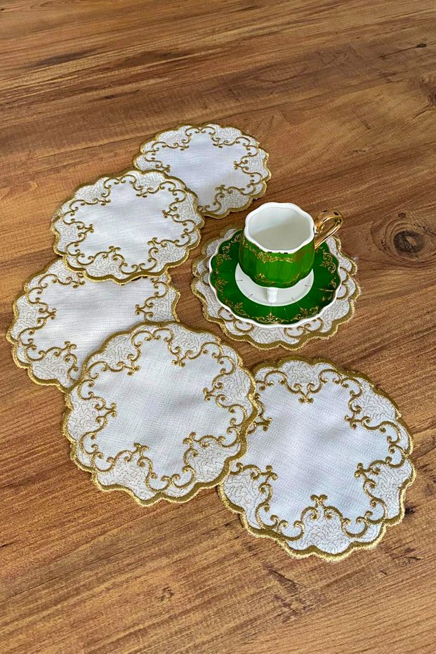 Mademoiselle 6-Piece Special Embroidered Linen Coffee Serving Napkins, Cocktail Napkins, Party Napkins-Gold