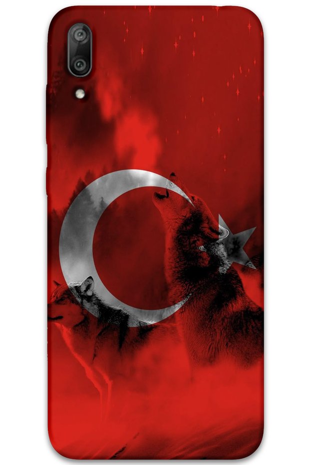 حافظة هاتف متوافقة مع هاتف Huawei Y7 Prime 2019 بنمط العلم التركي + واقي شاشة - 5854