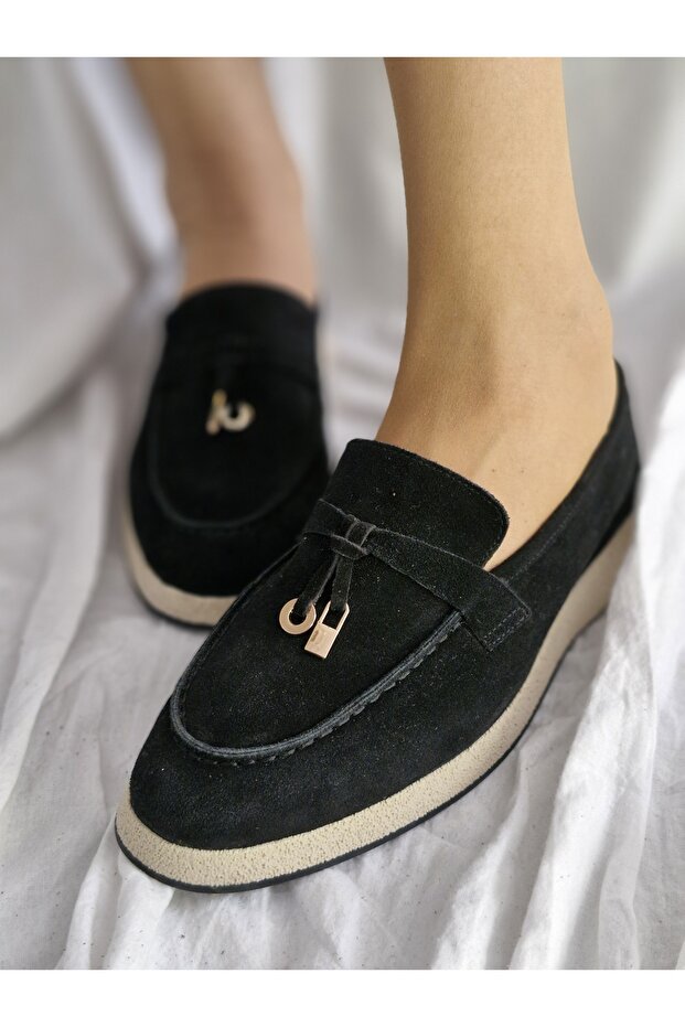Genuine Leather Black Suede Women's Stylish and Comfortable Loafer Shoes