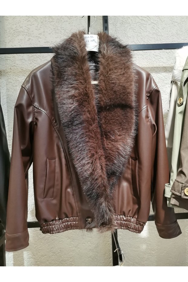 Women's Fur Collar Detail Elastic Waist Faux Leather Coat