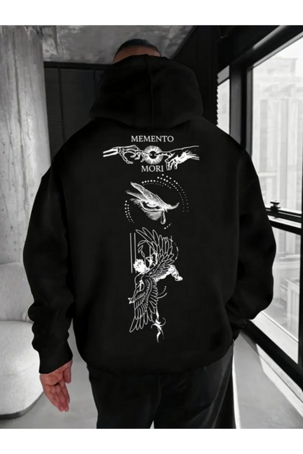 Unisex Oversize Memento Mori Printed Hoodie - Stylish Streetwear Hooded Sweatshirt Black