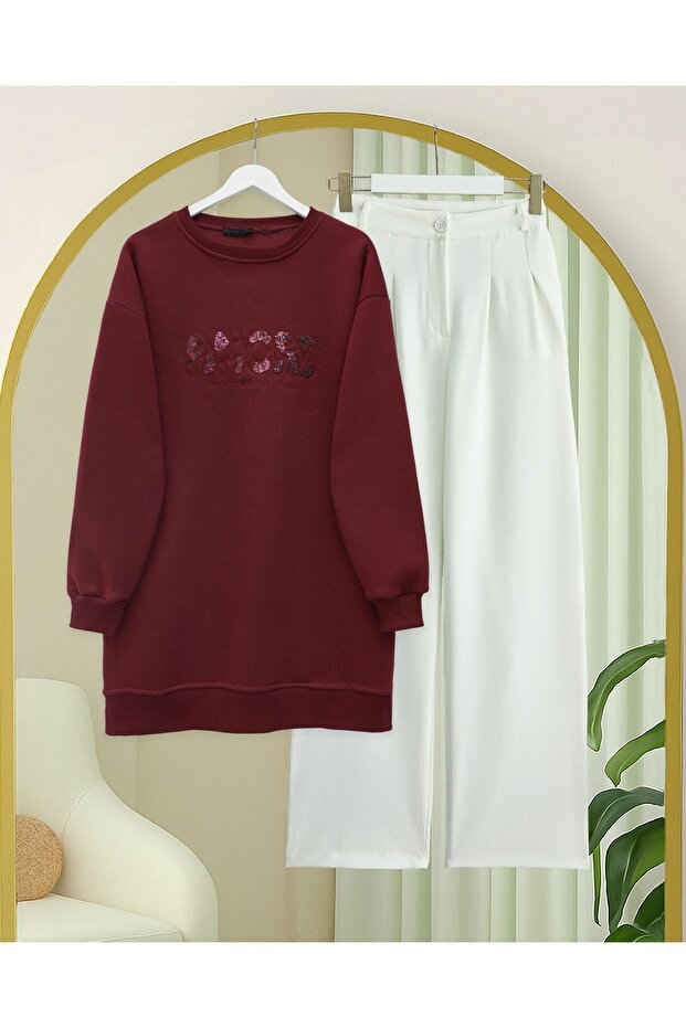 Three Thread Sweater with Sequin Detail and Script on the Front - Claret Red - 2