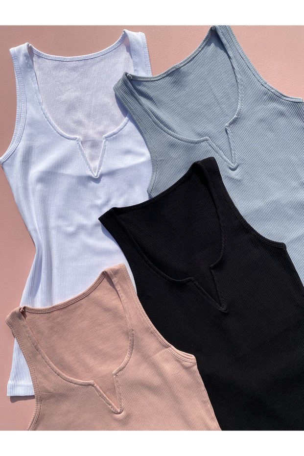 Cotton Ribbed Knit Thick Straps Low-Cut Lined V-Neck White, Black, Blue, Powder Women's Undershirt/T-Shirt