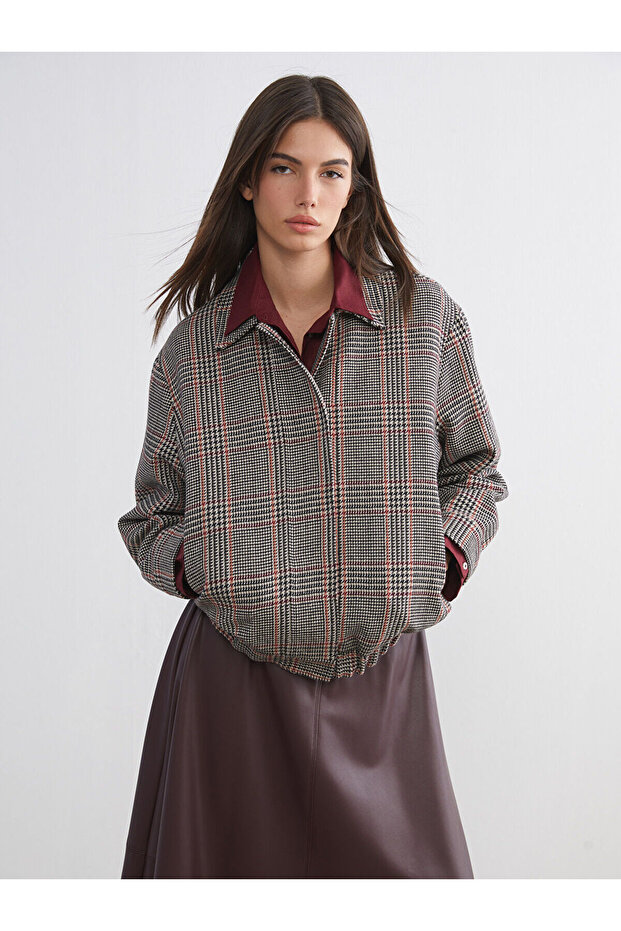 Lcw Vision Brown Shirt Collar Herringbone Patterned Women's Cashmere Jacket