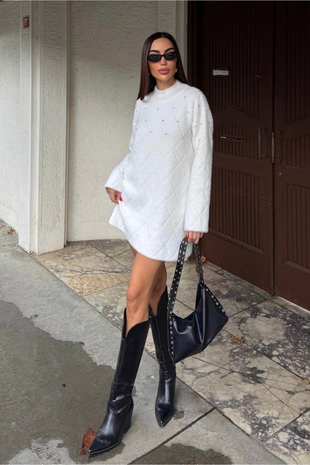 Women's Mock Neck Diamond Pattern Stone Detailed Soft Textured Mini Dress White