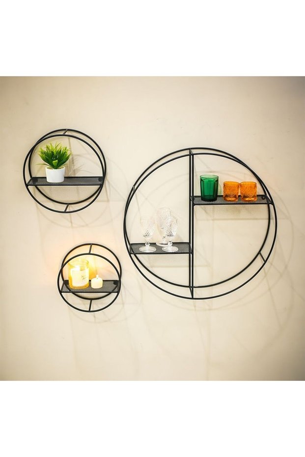 Lexy Set of 3 Circle Shape Wall Shelves - Grey Metal Decor for Living Room, Stylish Storage