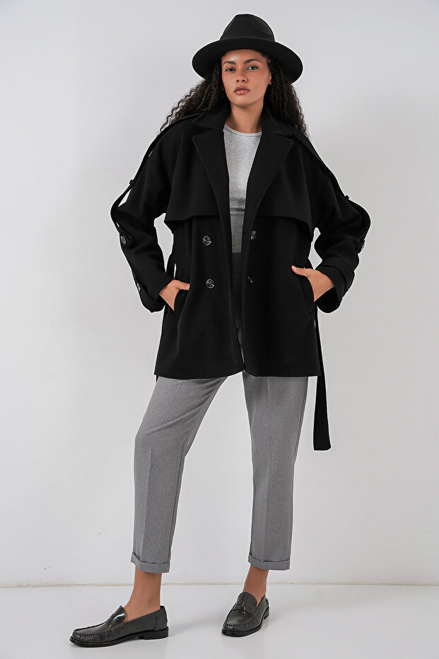 Kadın Kuşaklı Oversize Kaşe Kaban 9157 - Siyah - 2