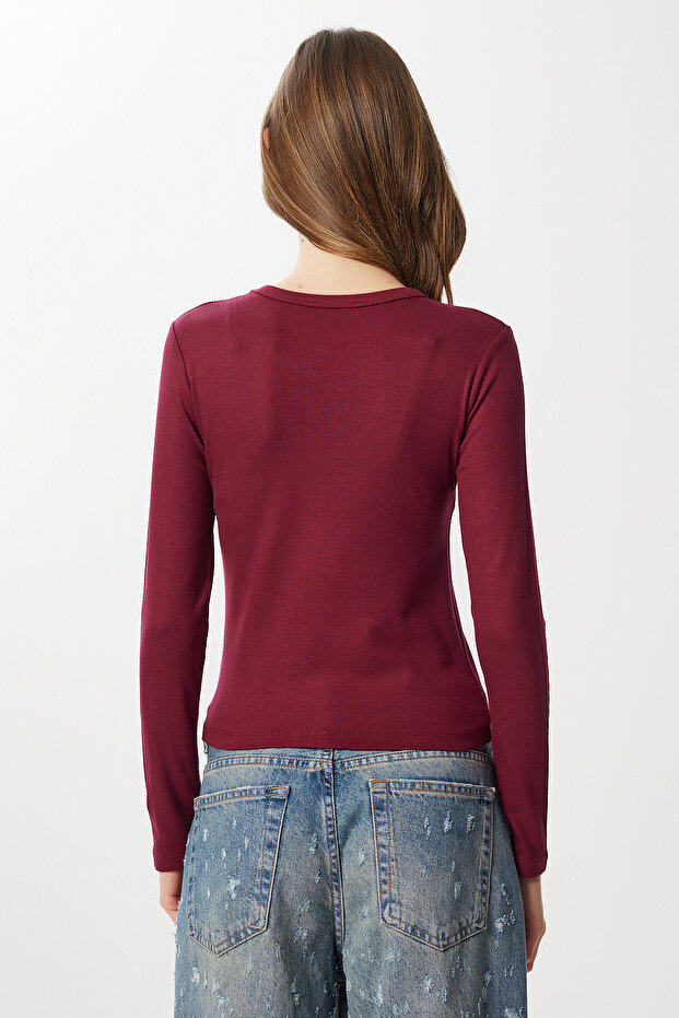 Basic Fitilli Örme Bluz LUB0296 BORDO - 5