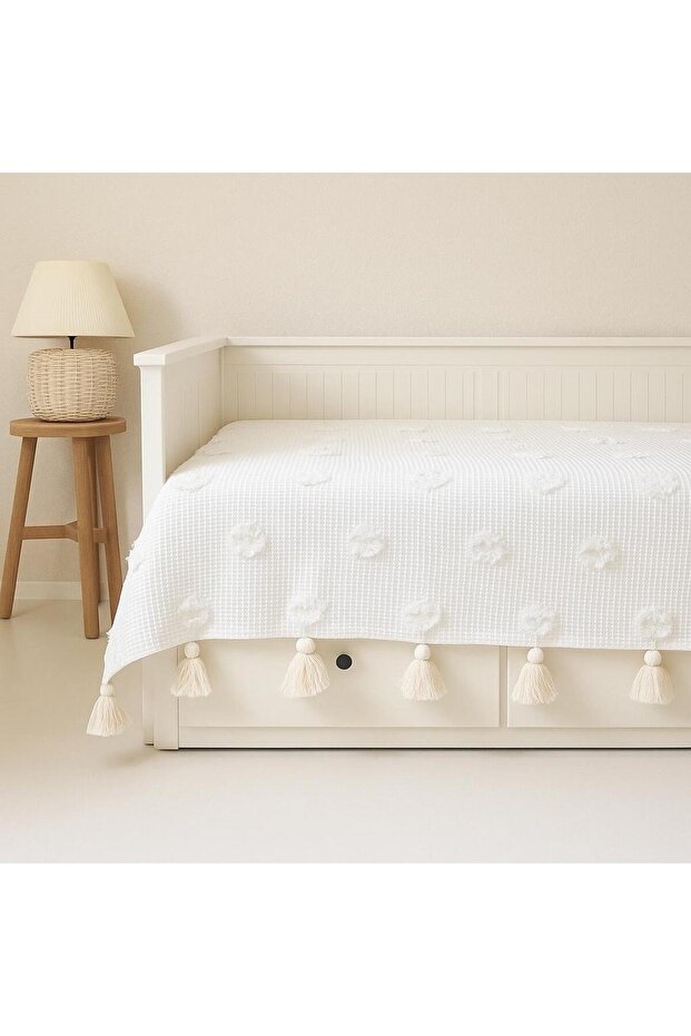 Püsküllü İskandinav Hemnes Divan Örtüsü Şönil Pike, Yatak Örtüsü Ekru - 2