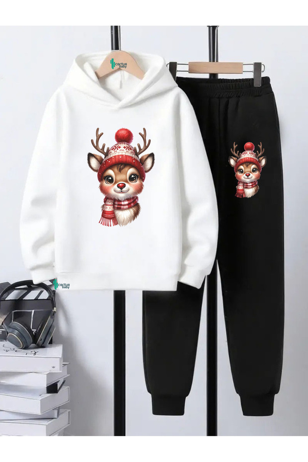 Hooded Sweatshirt Children's Bottom Top Set 3 Thread Cotton Christmas Deer