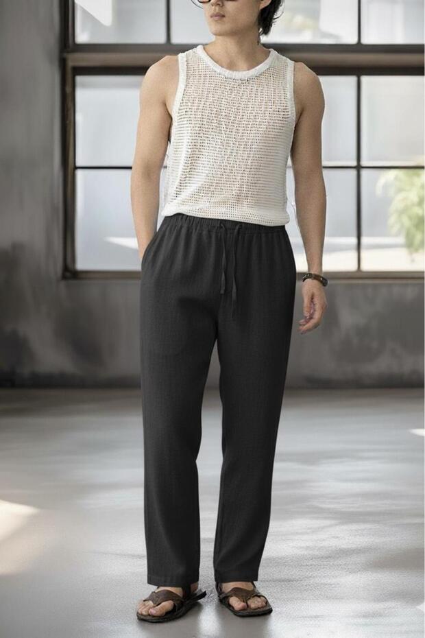 Men's Black Linen Muslin Wide Leg Trousers