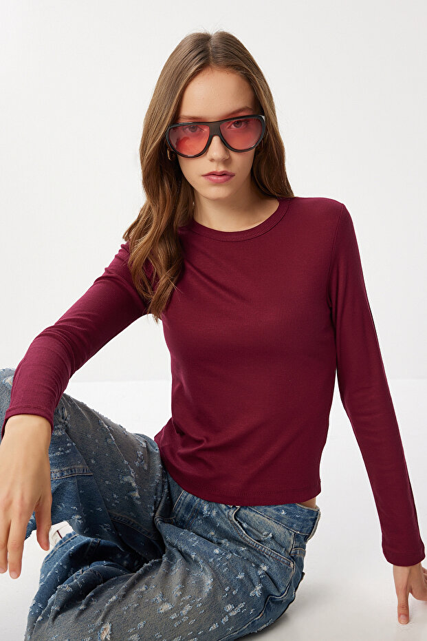 Basic Fitilli Örme Bluz LUB0296 BORDO - 2
