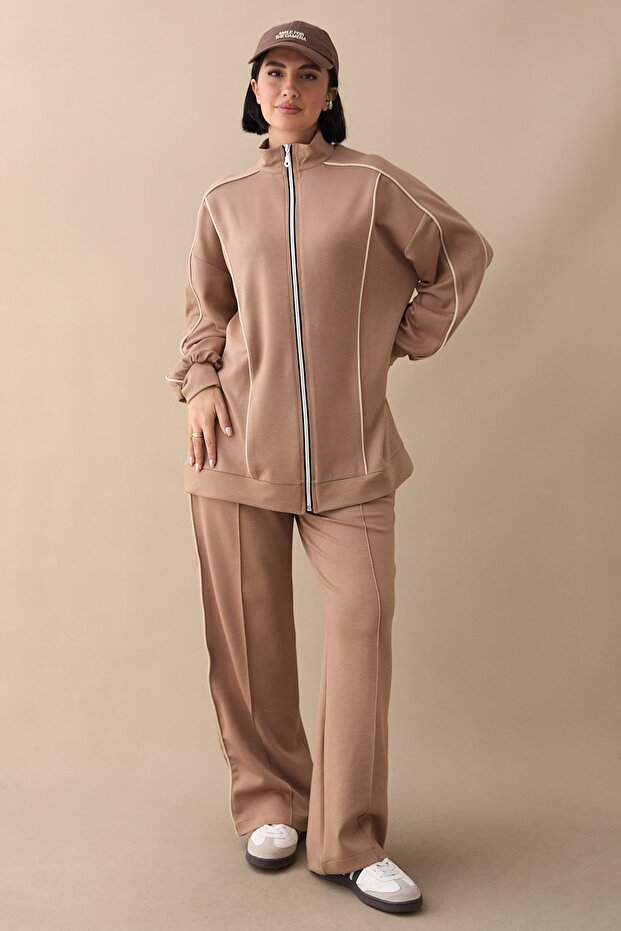 Double Piped Zippered Milk Coffee Double Set