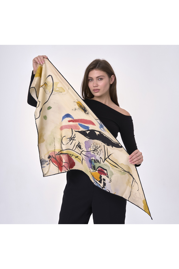 Kandinsky Composition Patterned Small Wool Silk Shawl - 1