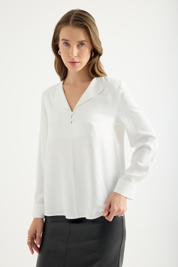 Dökümlü Devrik Yaka Bluz - 6