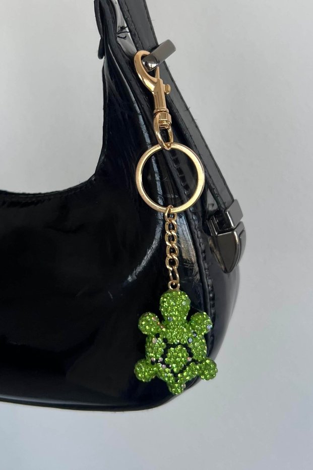 Green Color Stone Detailed Bag Charm/ Keychain with Gold Color Turtle Figure