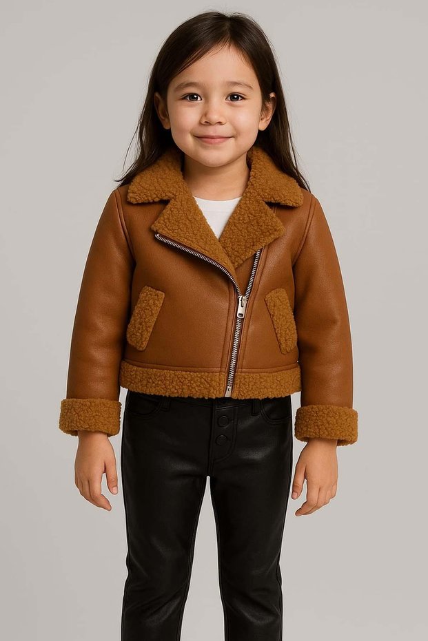 Girl's Brown Jacket with Plush Detail on the Sleeves and Collar Mock Neck Sweater Leather Bottom Top Set