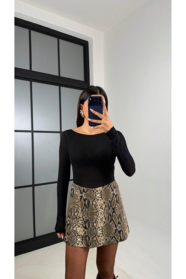 Yeşil Yılan Derisi Desenli Şort Etek GAUS-00604 - 1