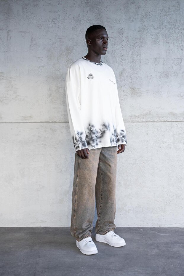 Printed And Hand Made Effected Long Sleeve Tee Ecru - 5