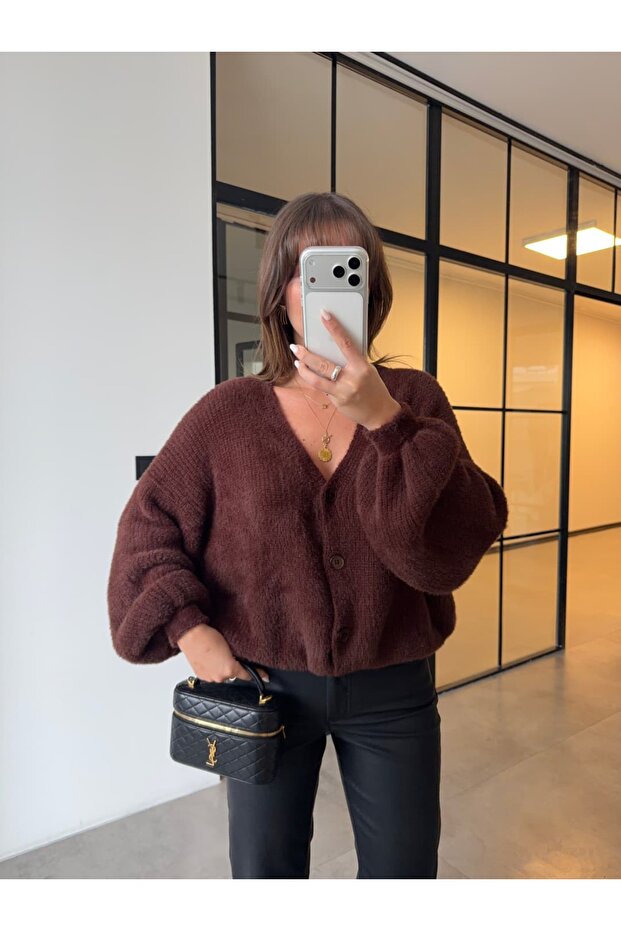 Yumoş Textured Balloon Sleeve Brown Cardigan