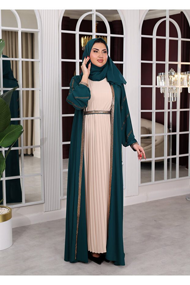 طقم فستان سهرة إسلامي بحزام وتفاصيل حجرية (يشمل الشال)