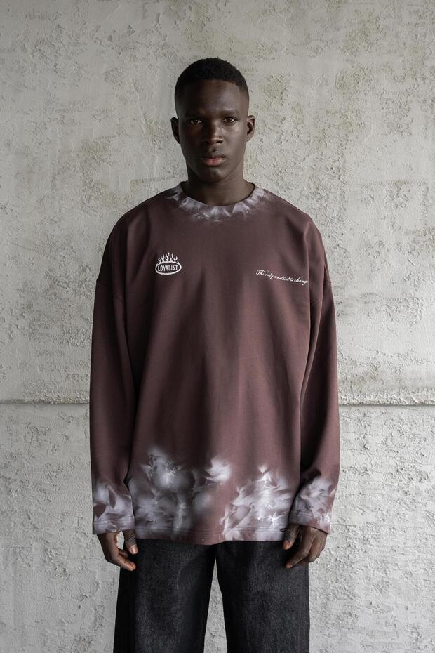 Printed And Hand Made Effected Long Sleeve Tee Oak Coffe - 2