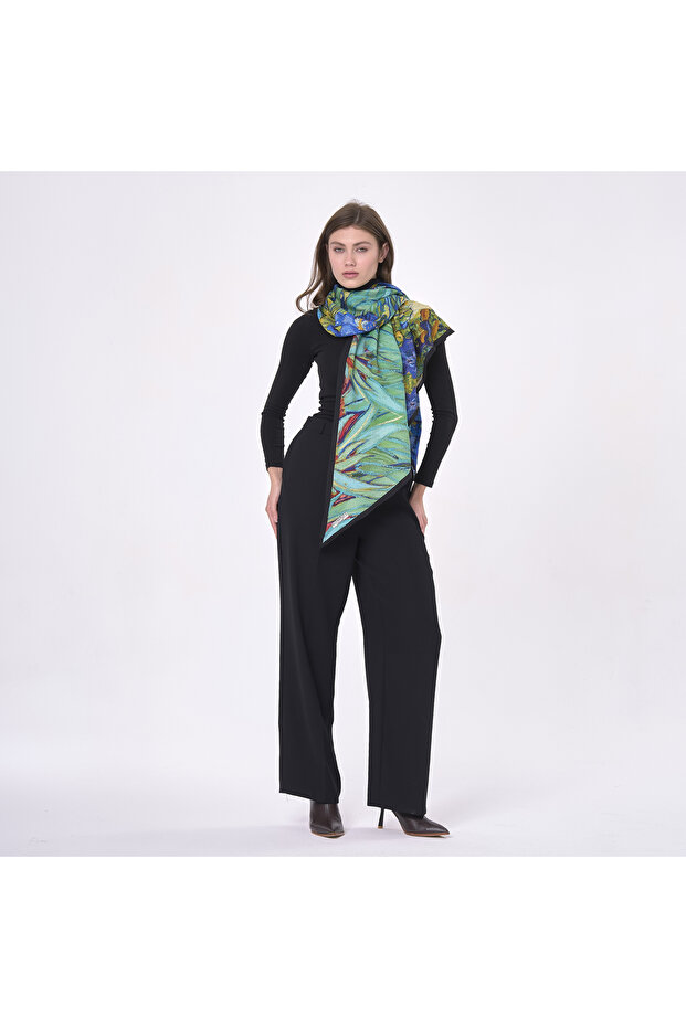 Green Patterned Large Wool Silk Shawl - 2