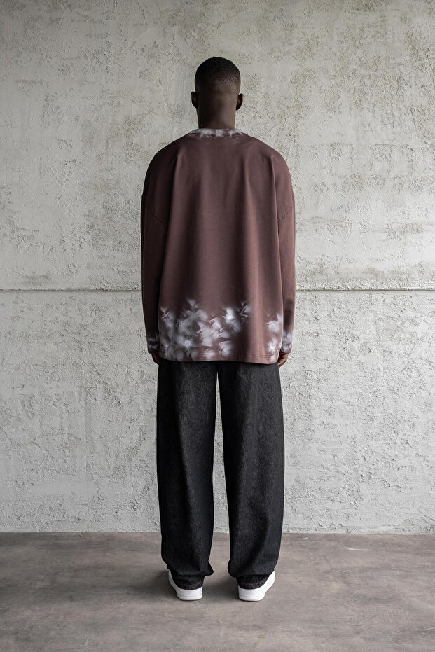 Printed And Hand Made Effected Long Sleeve Tee Oak Coffe - 6