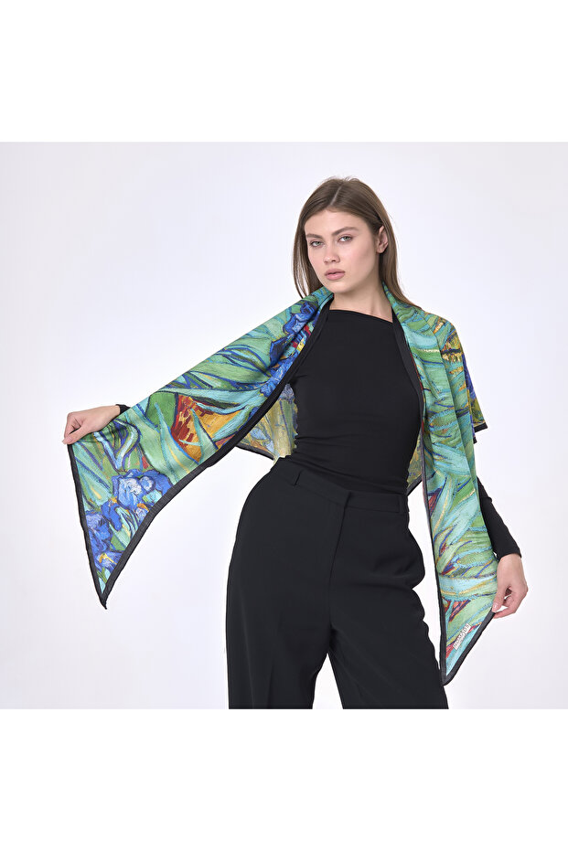 Green Patterned Large Wool Silk Shawl - 6