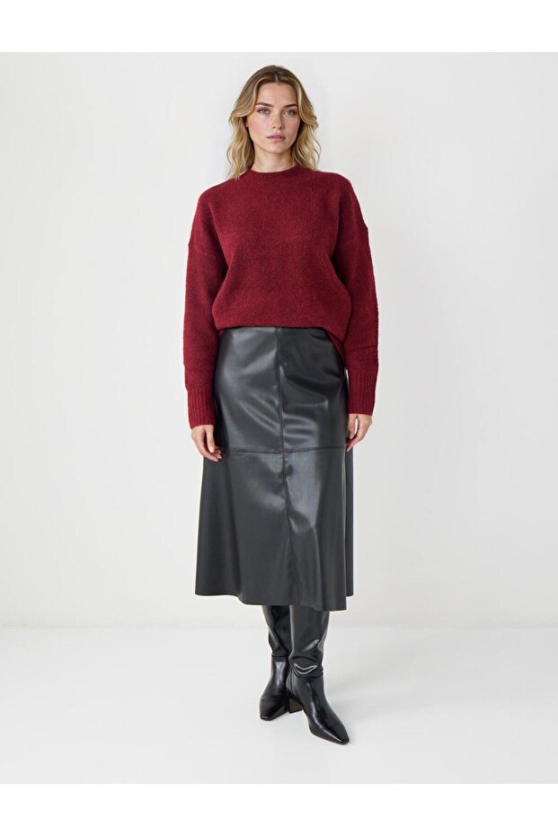 Siyah Normal Bel Deri Görünümlü Midi Etek - 1