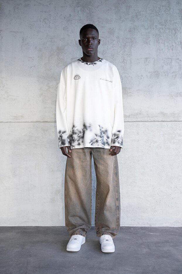 Printed And Hand Made Effected Long Sleeve Tee Ecru - 4