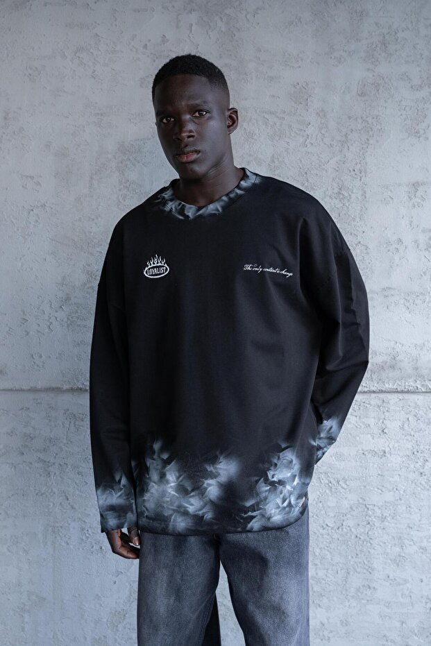 Printed And Hand Made Effected Long Sleeve Tee Dark Black - 1