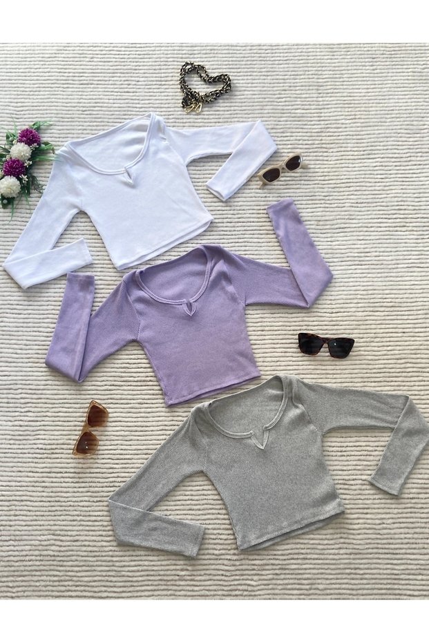 Women's 3-Pack Cotton Body-Hugging Corded Fabric Fabric V-Neck Long Sleeve Crop Blouse