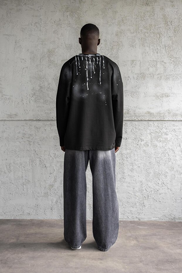 Hand Made Paint Technique Long Sleeve Tee Dark Black - 7