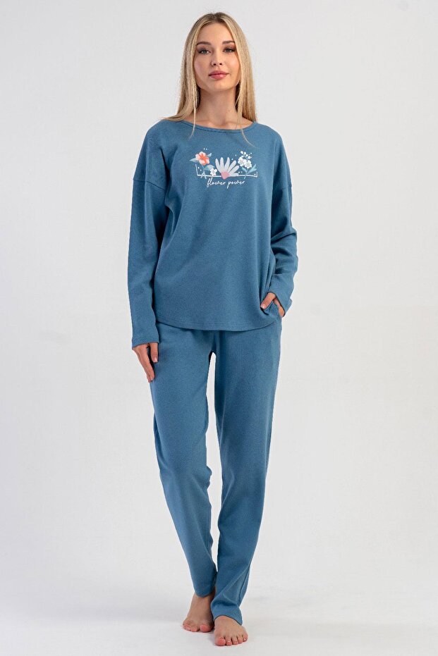 Women's Blue Color Long Sleeve Floral Pattern Interlock Pajama Set C2T6N0305