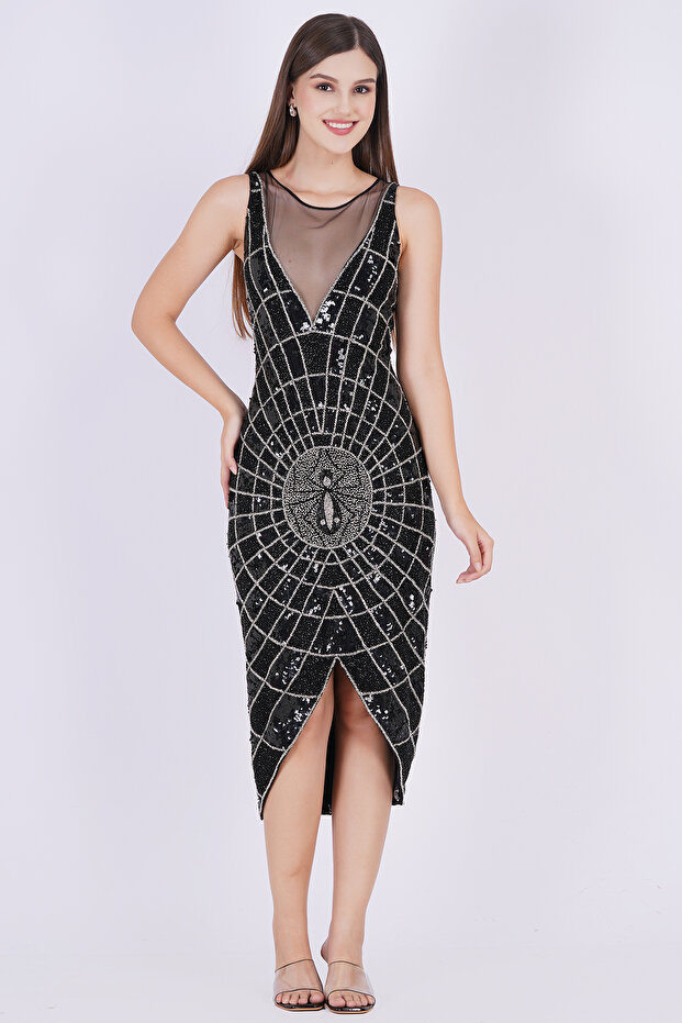Black Spider Web Beaded Mesh Bodycon Dress